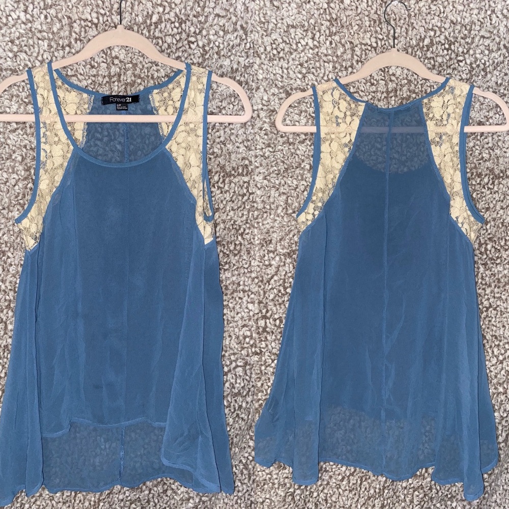 Blue and white lace razor back top